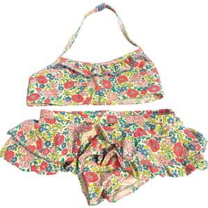 Mini Boden Floral Two Piece Ruffle Bottom Bikini Size 3y/4y Snaps around Neck